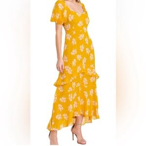 Romantic orange/yellow dress w/ florals, tiered skirt & sheer sleeves